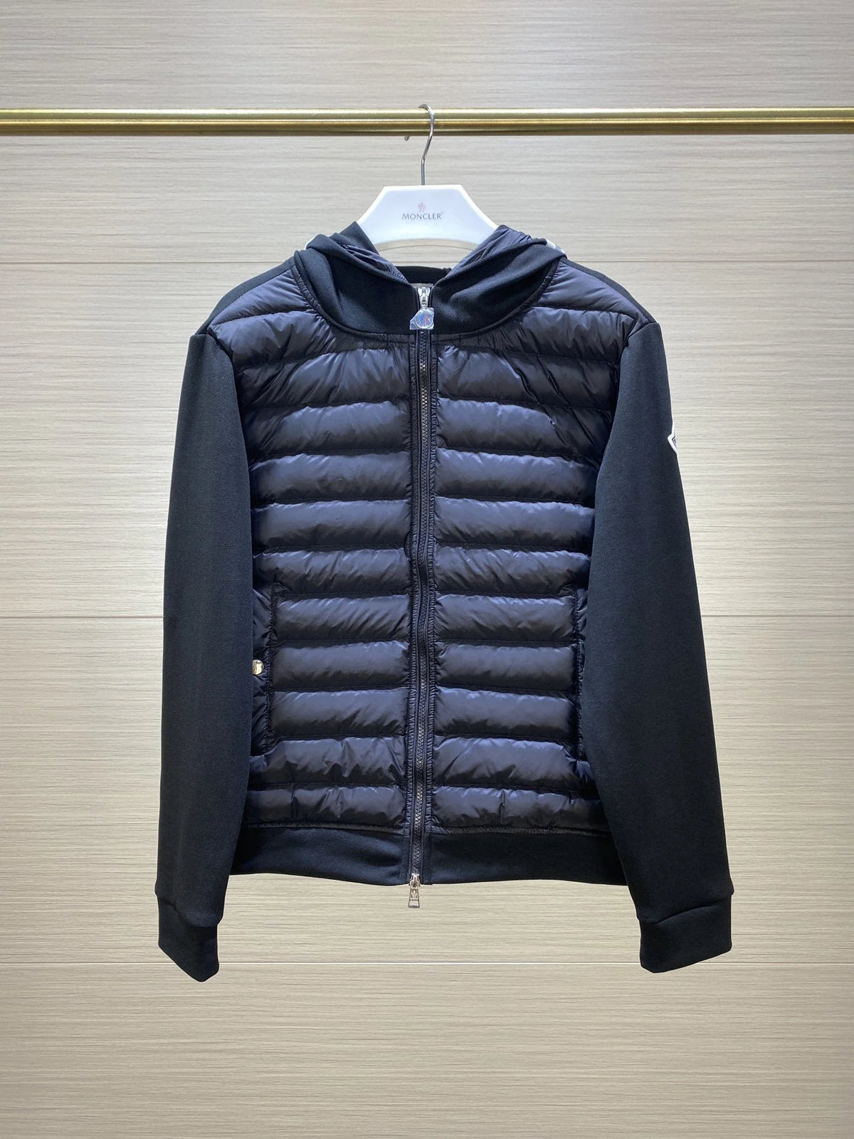 Moncler Hooded Down Jacket with Knit Sleeves – Black